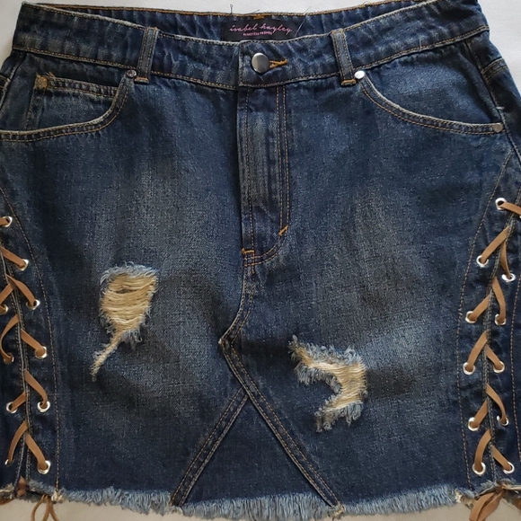 Isabel Hayley Denim Distressed Raw Hem Mini Skirt - Picture 3 of 15